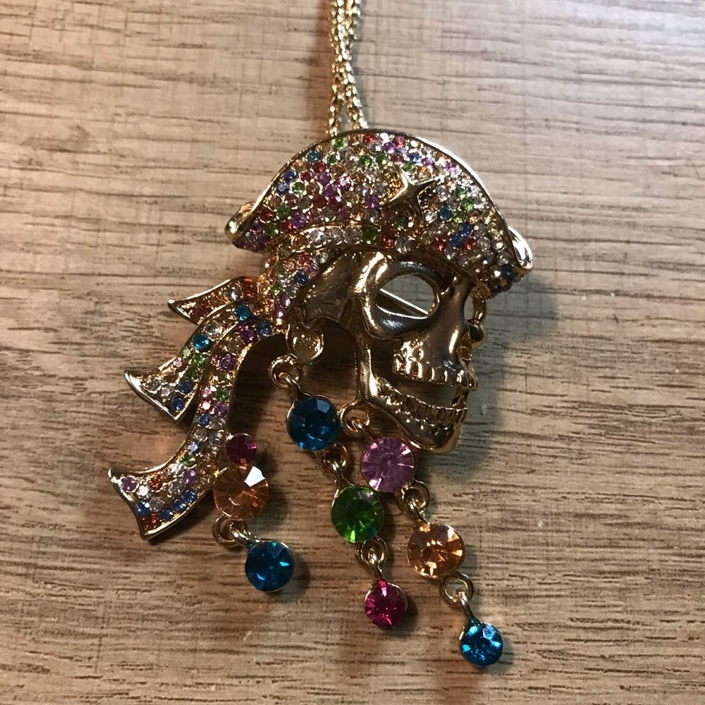 Betsy Johnson Gold Rhinestone Multicolor Crystal Pirate Skull Pendant Necklace